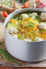 Soup with meatballs and vegetables.Selective focus.