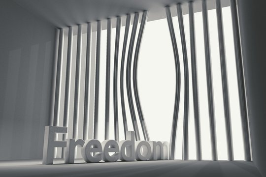 bent prison bars and the inscription freedom