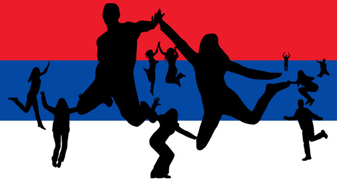 Illustration of people jumping and flag