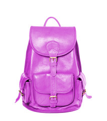 Leather backpack standing isolated on white background violet