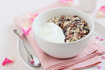 Whole grain muesli with chocolate chips and yogurt .