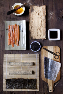 overhead shot of ingredients for preparing sushi