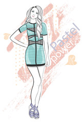 Young girl fashion illustration. Pastel fashion trend.