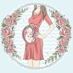 Pregnant woman with cute baby  and flower frame.