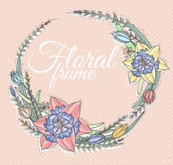 Floral Frame. Cute retro flowers arranged in a shape of the wrea