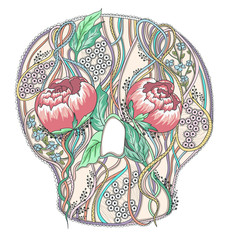 Abstract skull with peony flowers. Floral skull.