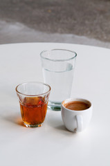 Coffee, Metaxa, Water