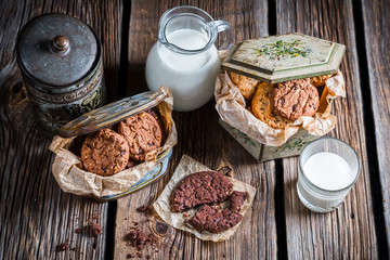 Chocolate cookies and milk for a snack