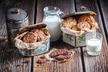 Breakfast with chocolate cookies and milk