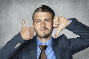 two facial businessman can not decide if it is good or bad