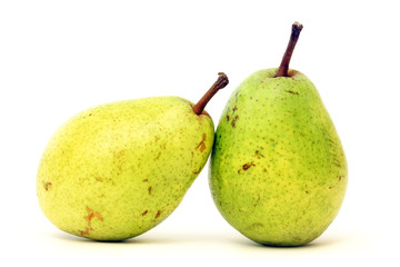 Two ripe, juicy pears on a white background