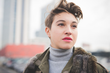young beautiful short hair hipster woman