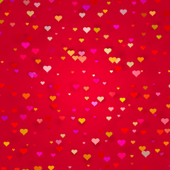 many colorful hearts on red background