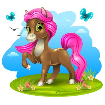 Brown pony with pink tail
