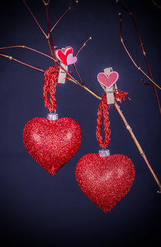 Valentine hearts hanging on a twig