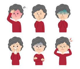 A set of six pose variations of sick elderly woman
