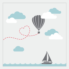 Fototapeta na wymiar Retro vector card with aerostat flying in the clouds and
