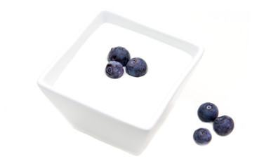 Yogurt with blueberries on square bowl on a white background
