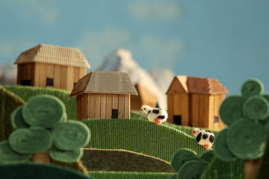 Countryside landscape animation with cows made of wool