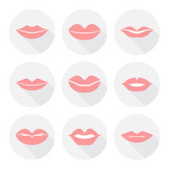 Fototapeta na wymiar Set of mouth smile red sexy woman lips in flat style vector