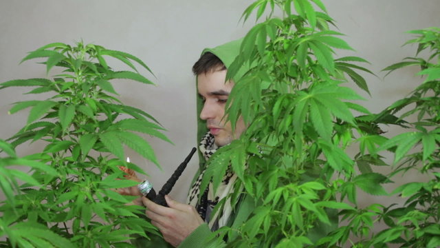 Young man smoking Marijuana pipe