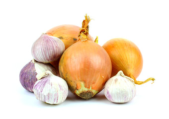 onions and garlic on a white background