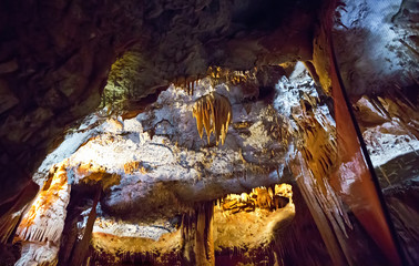 Stalagmites and stalactites inside the cave in Croatia