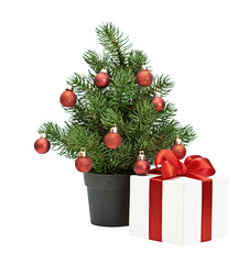 christmas tree pot isolated, red spheres and gift with red bow