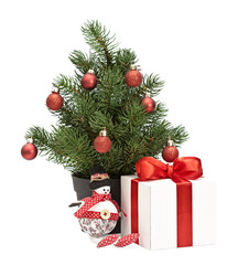 christmas tree pot isolated, red spheres and gift bow. Snowman