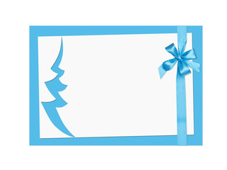 Blue card. Contour of a Christmas tree and bow