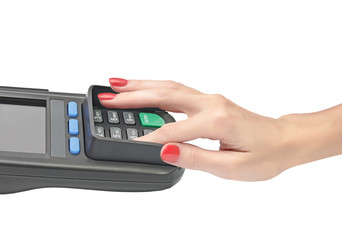 payment terminal, enter PIN on white background isolated