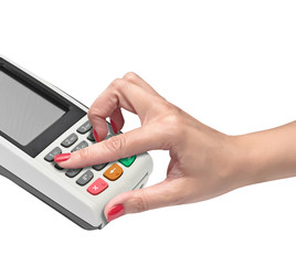 payment terminal, enter PIN on white background isolated