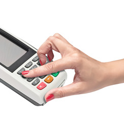 payment terminal, enter PIN on white background isolated