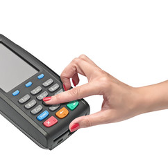 payment terminal, enter PIN on white background isolated