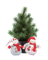 fir-tree and snowmen on the white