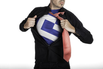 Man with Greek Flag under Shirt