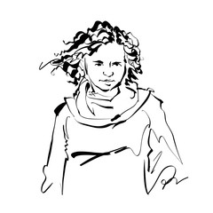 Black and white hand drawn illustration of a woman, girl with cu