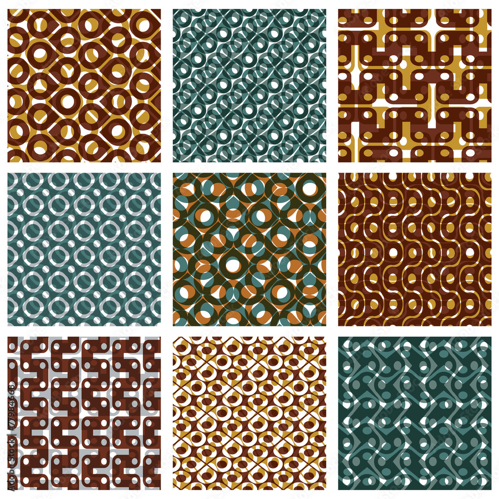 Poster set of multicolored grate seamless patterns with parallel ribbon