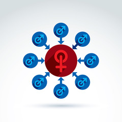 Blue male and red female signs connected with arrows, gender sym