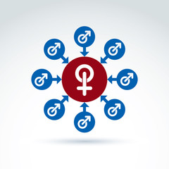 Blue male and red female signs connected with arrows, gender sym