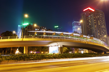 Traffic blur motion trails in modern city street at night