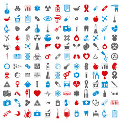 Medical icons set, vector set of 144 medical and medicine signs.
