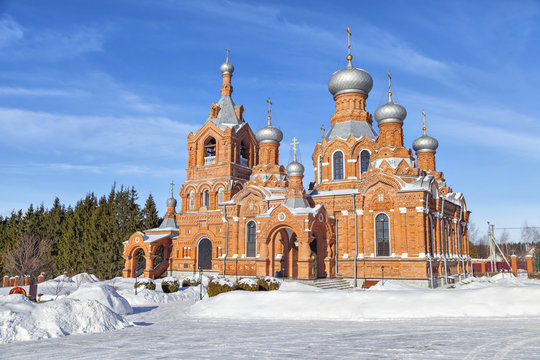Red brick church in village Darna, Russia