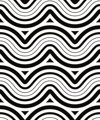 Waves seamless pattern, black and white vector background.