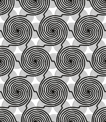 Spiral lines seamless pattern, black and white vector background