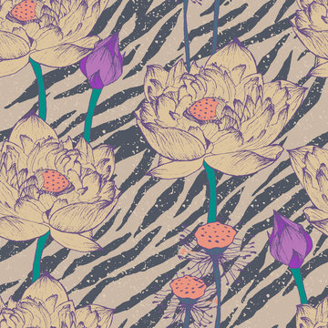 Seamless floral pattern on zebra background © julia_blnk