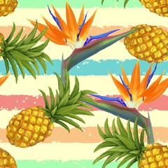 tropical exotic flowers and pineapple seamless pattern in vector