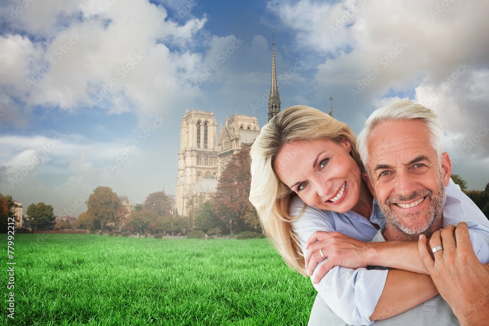 Aufkleber composite image of happy couple standing and hugging