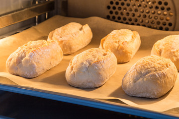 Brötchen werden in einem Ofen aufgebacken