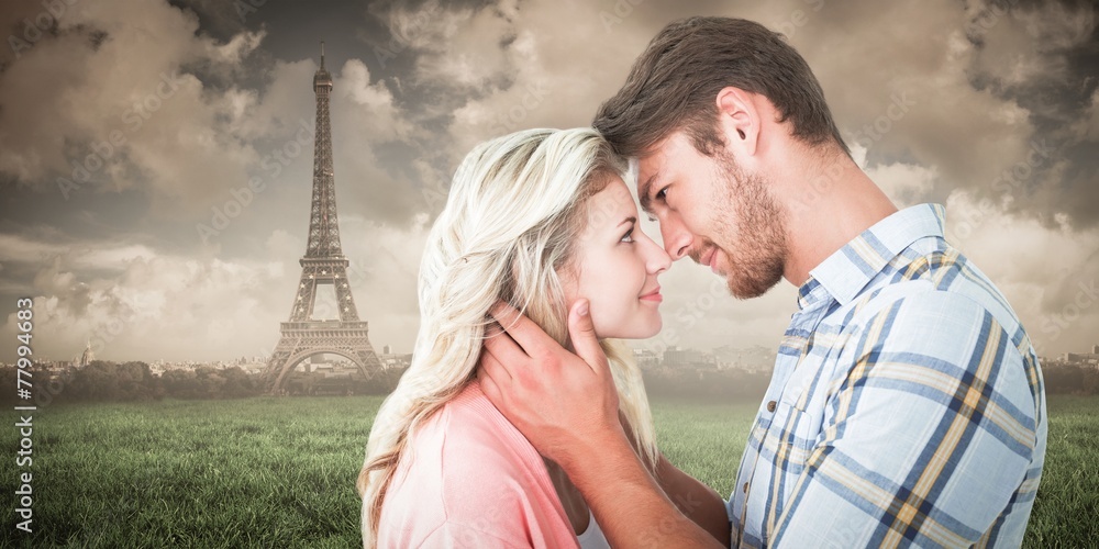 Poster composite image of attractive couple smiling at each other